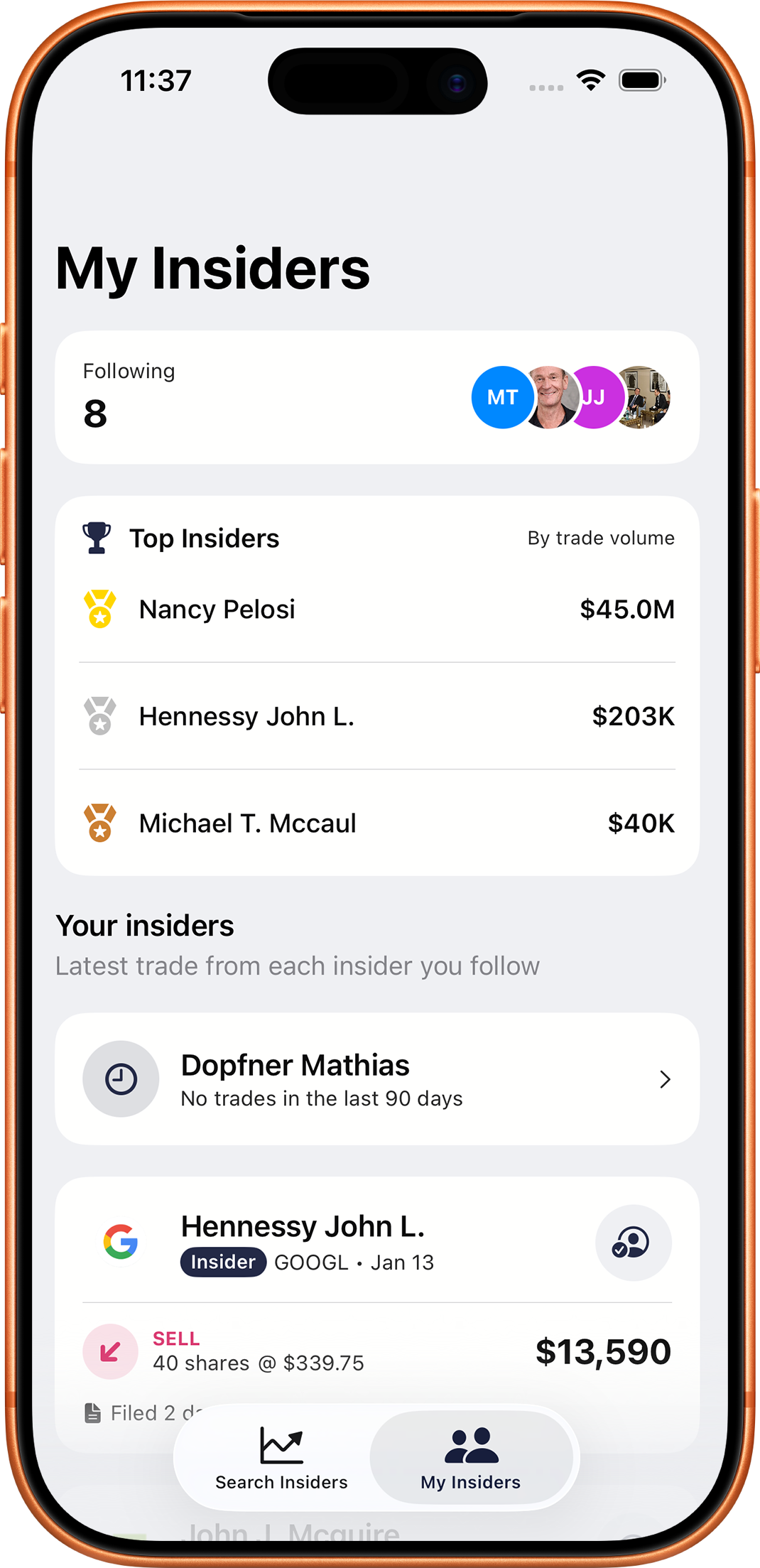 My Insiders dashboard showing followed insiders, top insiders by volume, and recent trades