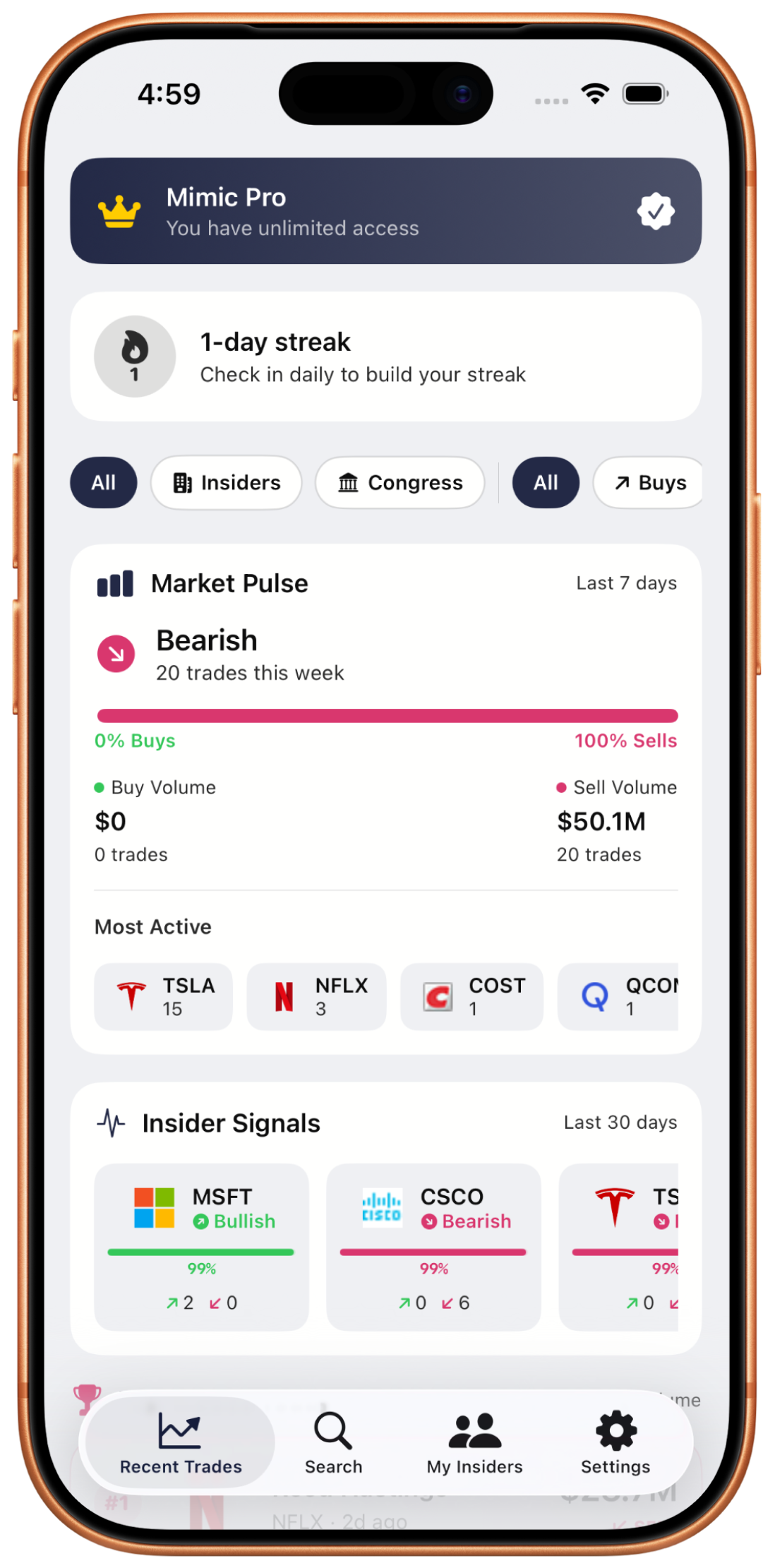 Mimic app main feed showing Market Pulse, Insider Signals, smart filters for insiders and congress trades