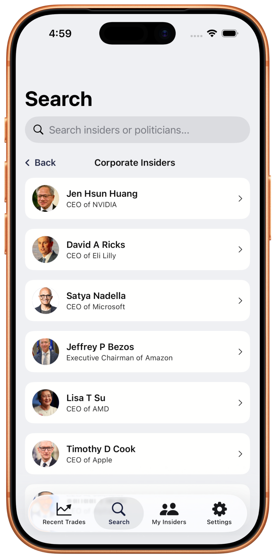 Corporate insiders list with photos showing Jen Hsun Huang, David Ricks, Satya Nadella, Jeffrey Bezos, Lisa Su, Tim Cook