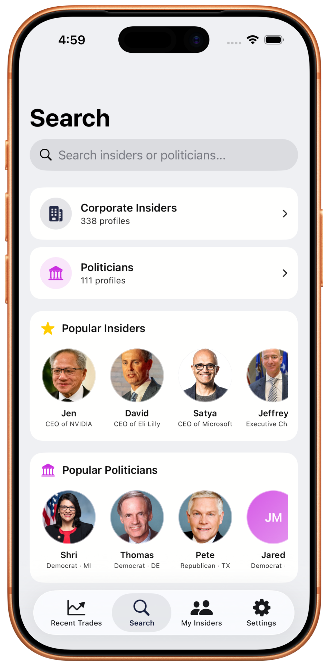 Search screen showing corporate insiders and politicians profiles with popular insiders and politicians