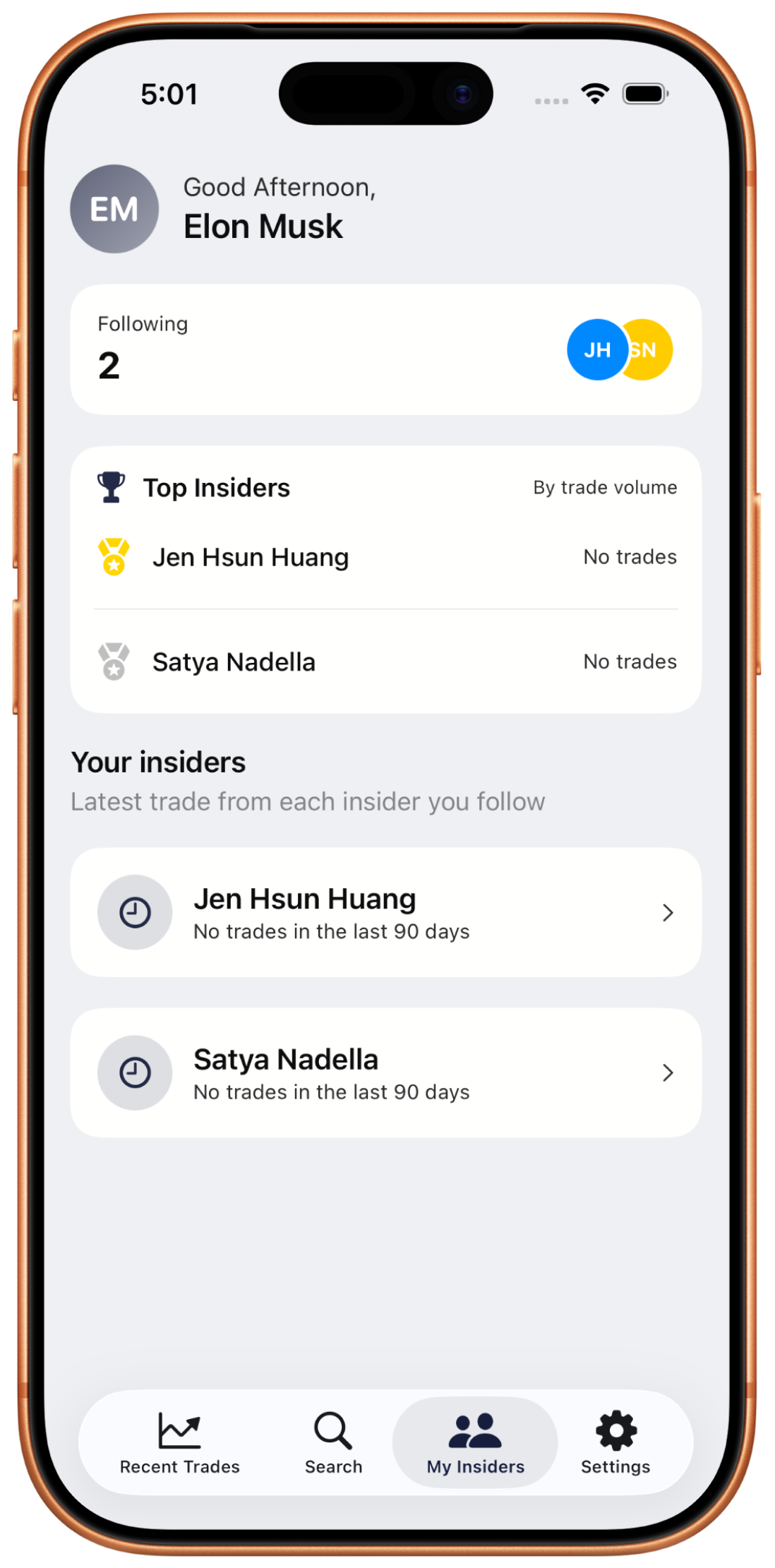 My Insiders watchlist with followed insiders, top insiders ranking, and latest trades